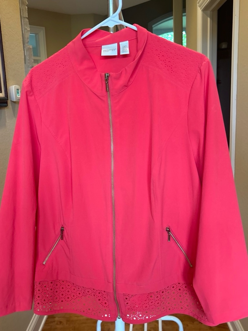 Chico’s coral Laser-Cut Hem Zip Jacket